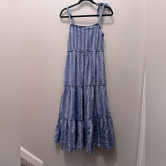 DRAPER JAMES L CHAMBRAY BLUE EMBROIDERED TIERED MAXI BOW STRAP SMOCK DRESS TRAD - Picture 3 of 6